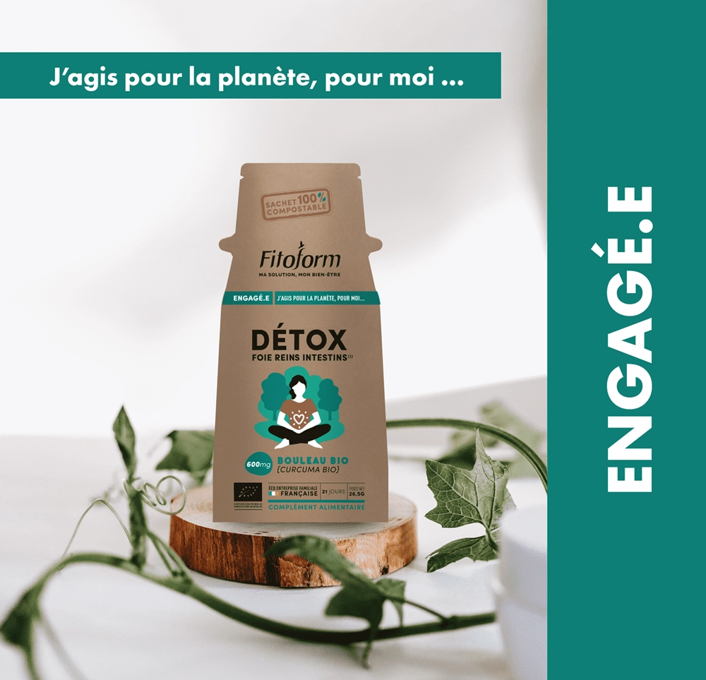Visuel produit « Détox Foie Reins Intestins » en sachet compostable, avec accroche « J'agis pour la planète, pour moi… »