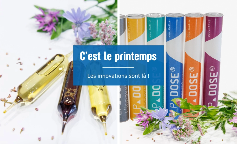 Visuel LinkedIn « C'est le printemps, les innovations sont là ! » avec ampoules et format LP-DOSE des Laboratoires Pasquier