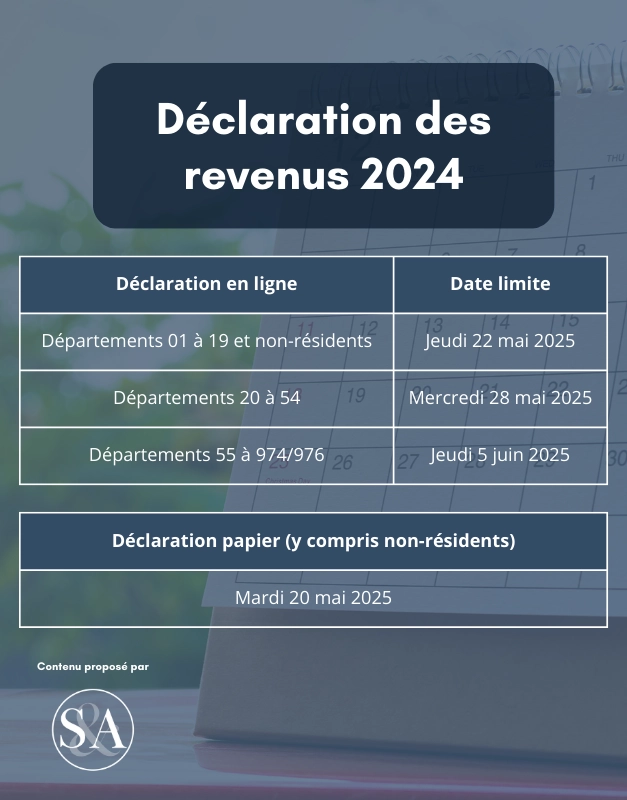 Visuel LinkedIn Saurel & Associés « Déclaration des revenus 2024 » avec tableau des dates limites
