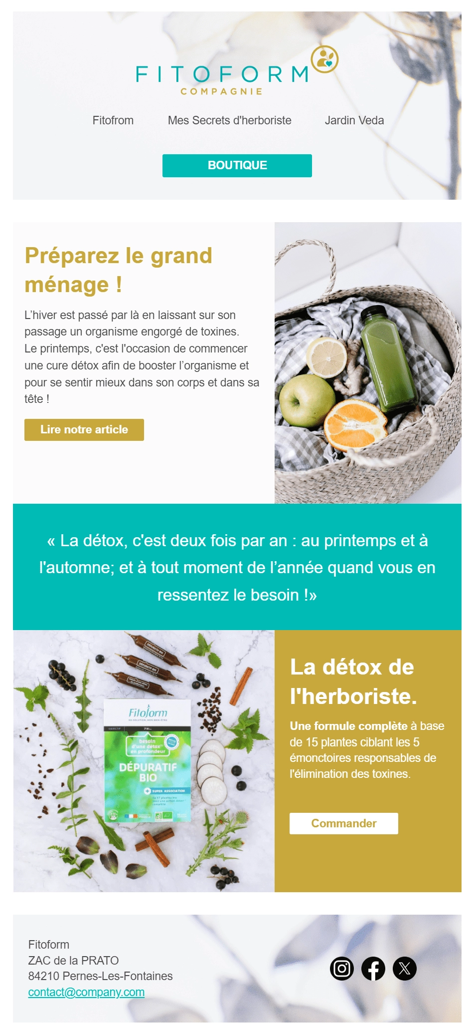 Newsletter Fitoform « Préparez le grand ménage ! » sur la cure détox de printemps, avec le produit Dépuratif Bio