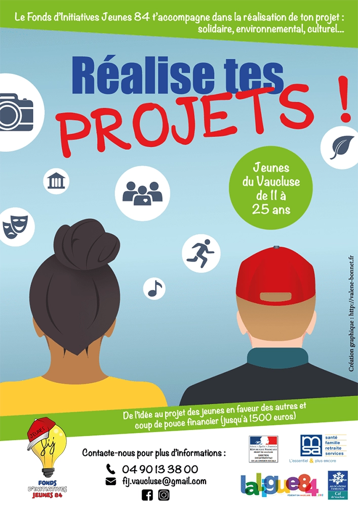 Affiche « Réalise tes projets ! » du Fonds d'Initiatives Jeunes 84, illustration de deux jeunes de dos